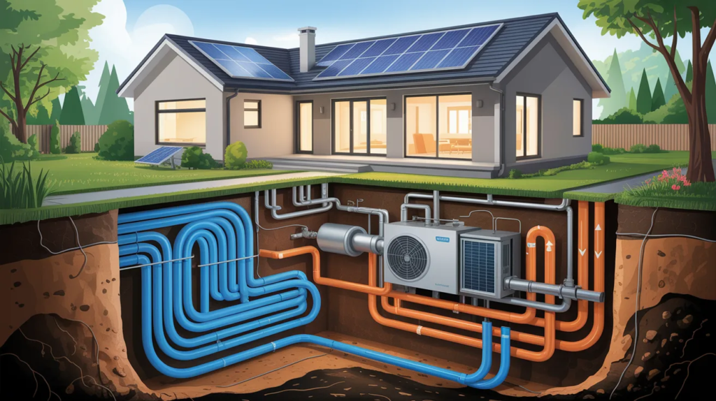 A house featuring solar panels on the roof and a water heater installed on the side.