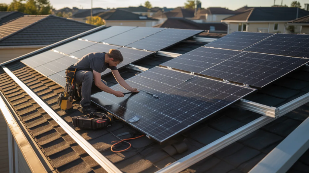 Technician installing solar panels on a residential rooftop in a suburban neighborhood at sunset.