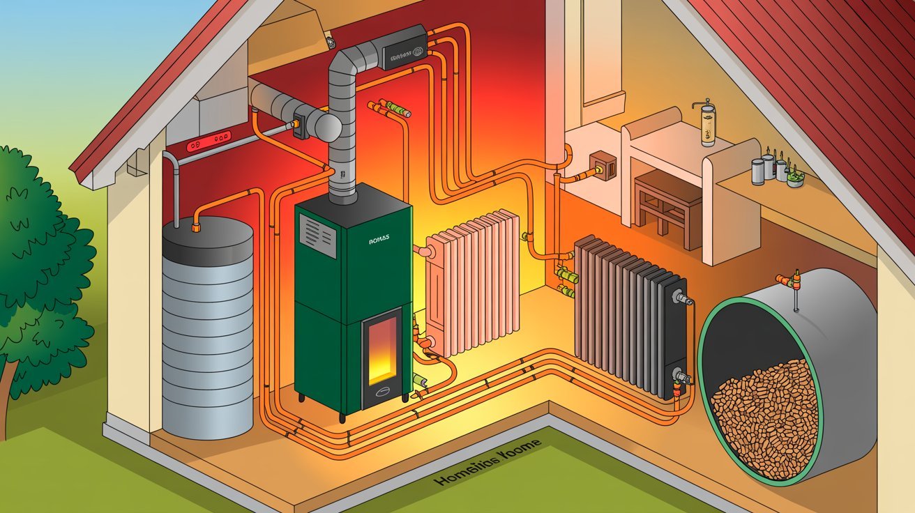 Biomass heating system used for home heating and hot water.
