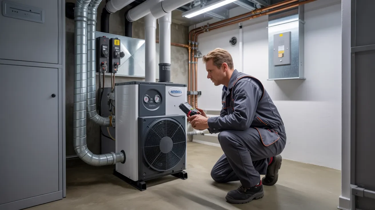 Technician testing an indoor geothermal heat pump system after installation