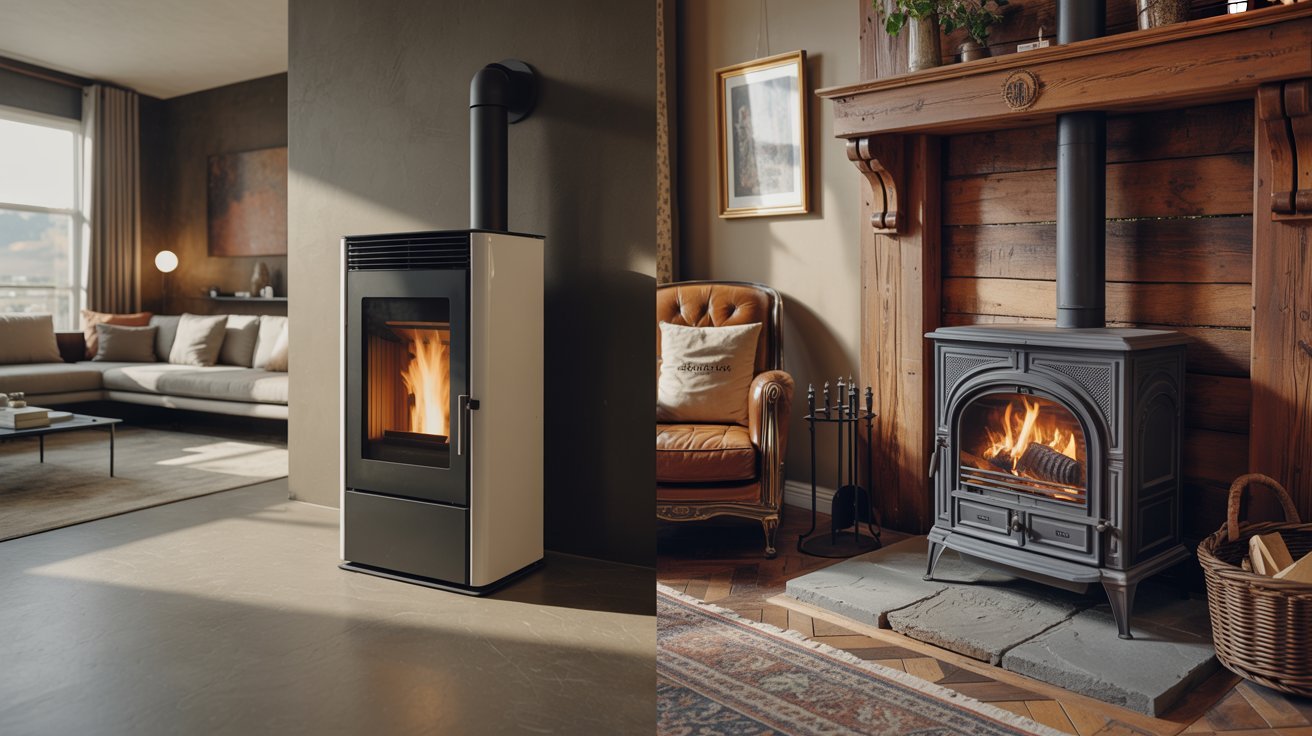 Comparison between biomass pellet stove and traditional log stove.