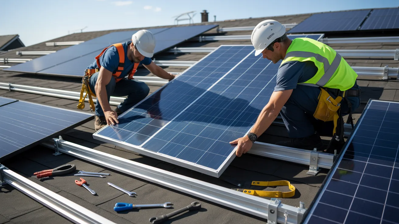 Solar installers removing rooftop solar panels and mounting hardware