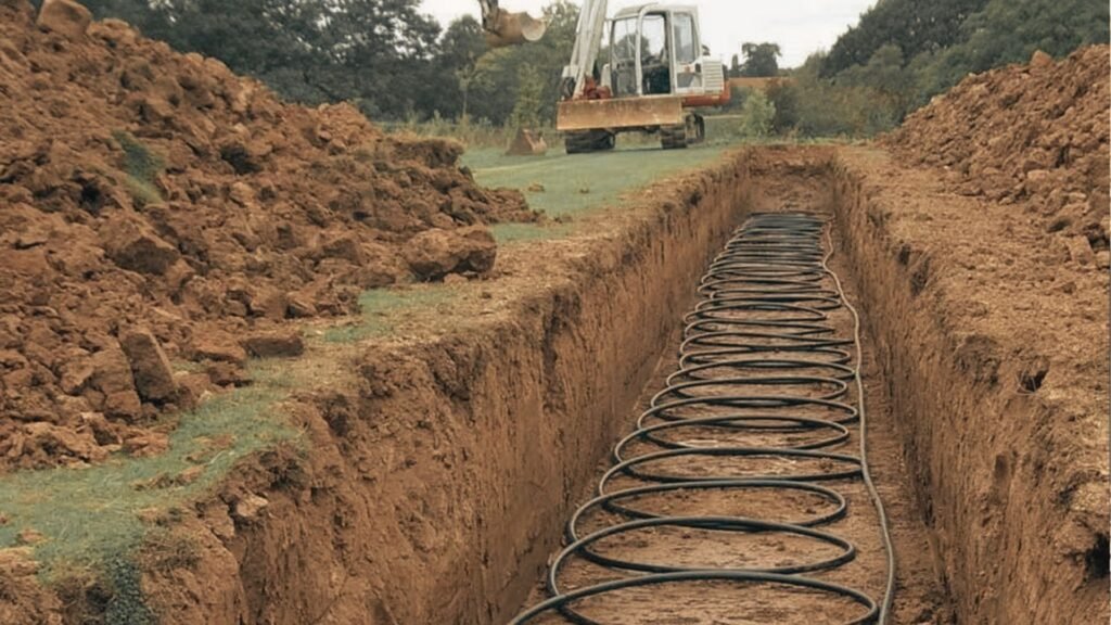 Slinky geothermal loop placed in a long, narrow trench with an excavator visible in the background.
