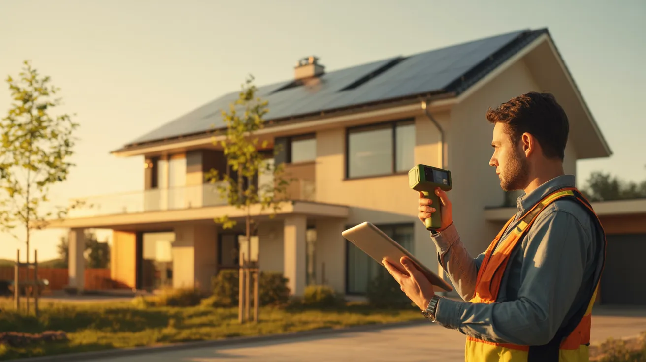 Energy auditor inspecting a home with rooftop solar panels during a solar energy audit