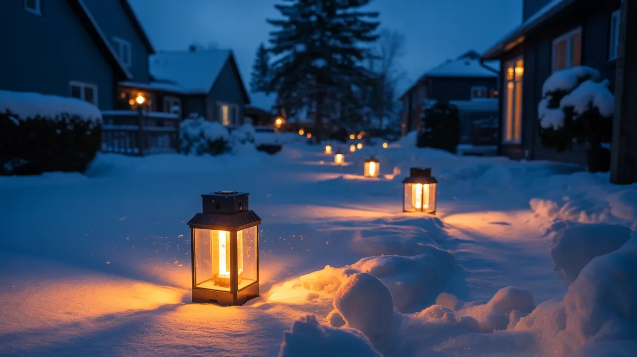 Snow-covered lanterns glowing softly, highlighting the beauty of winter and the longevity of solar lights in cold weather.