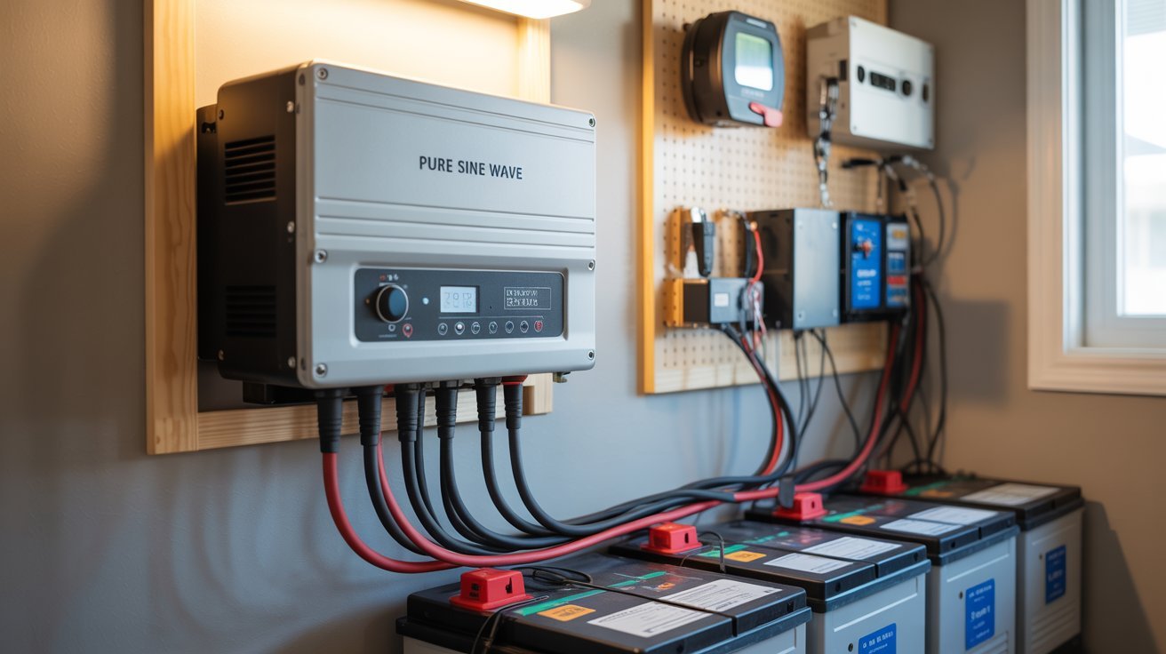 Pure sine wave inverter connected to a residential solar battery bank using thick DC cables.