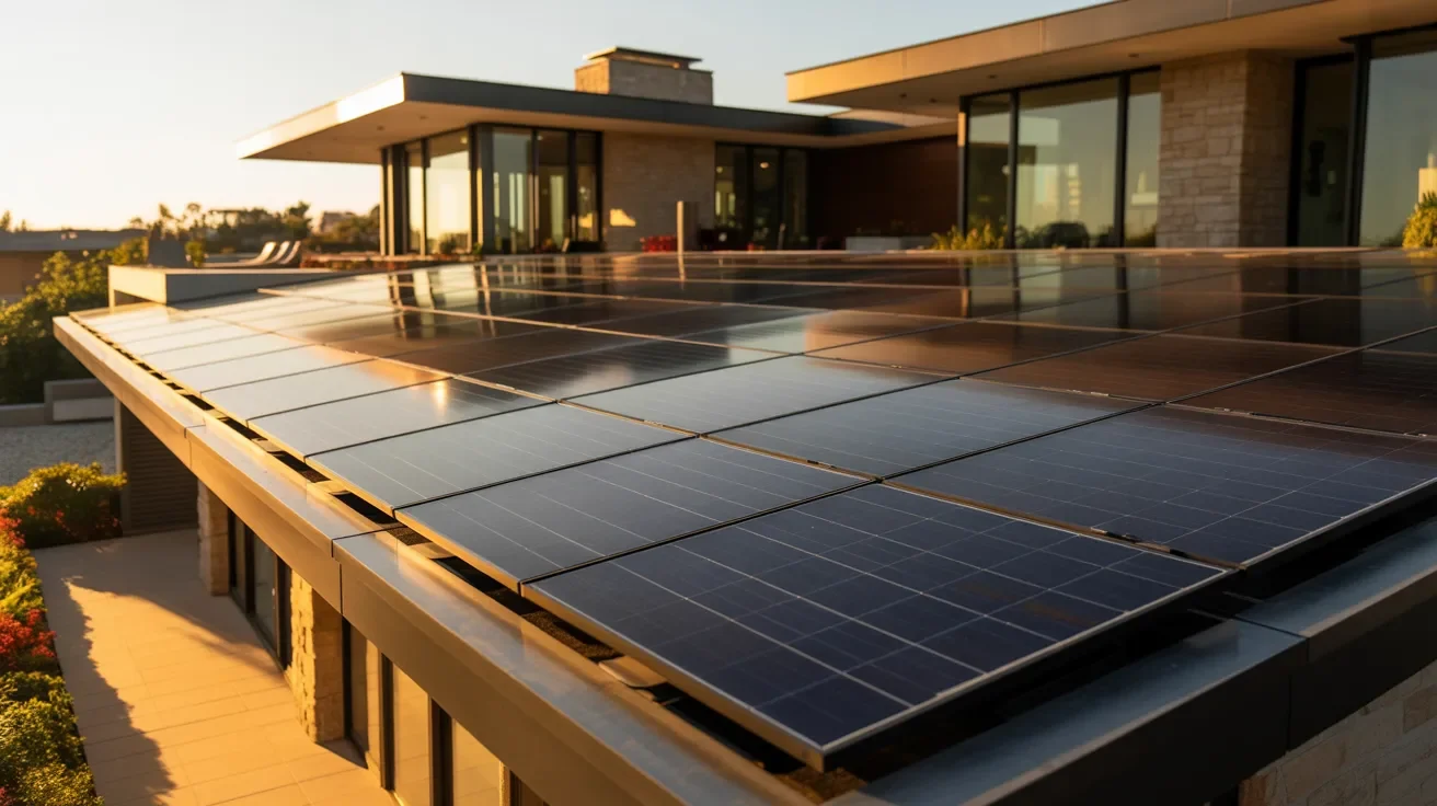 Solar panels installed on the roof of a contemporary home, showcasing renewable energy use in modern architecture.
