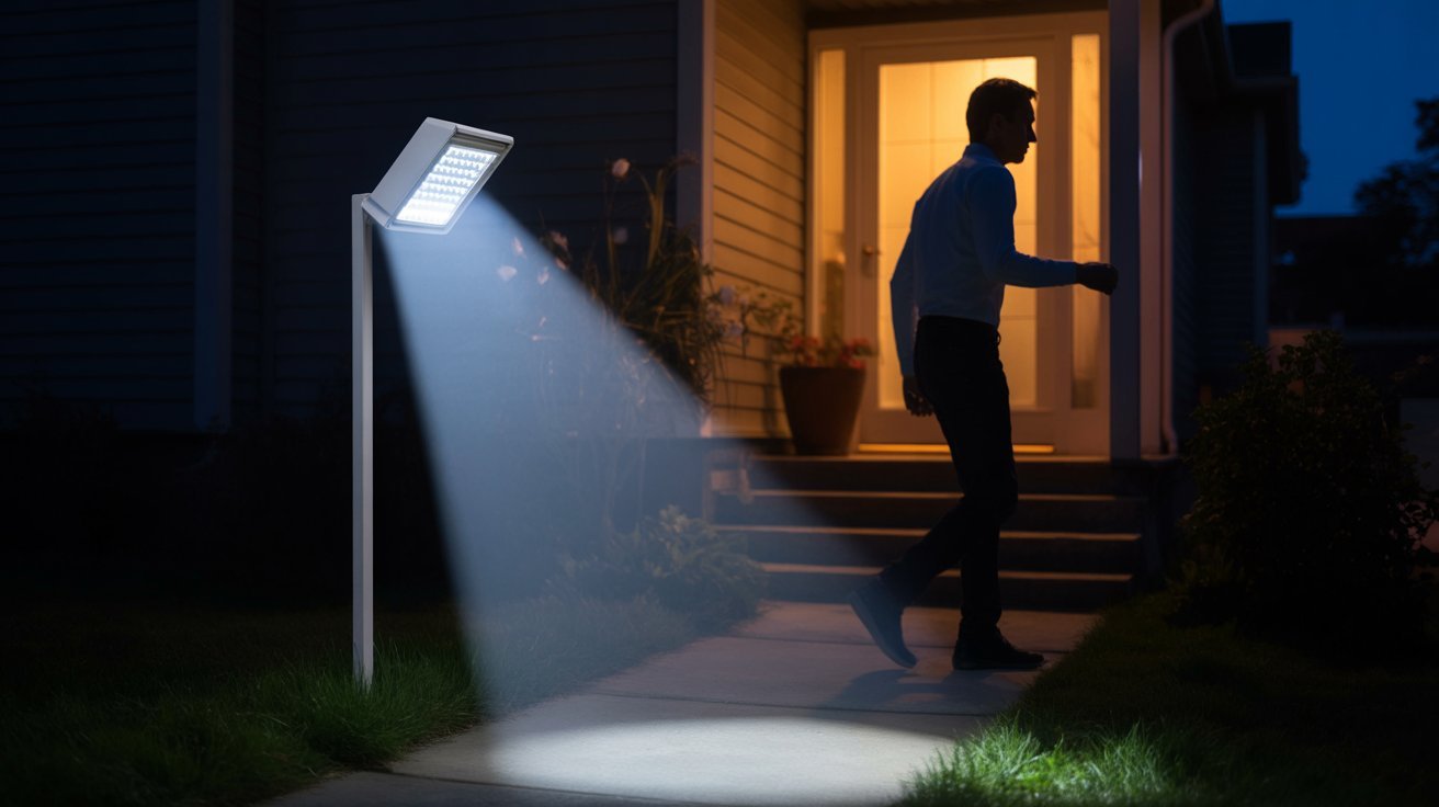 A man walks in front of a house, illuminated by a warm light shining down on him.