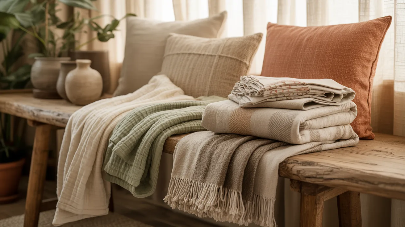 A wooden bench adorned with colorful blankets and pillows, creating a cozy and inviting seating area.
