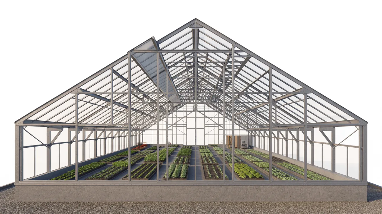 A greenhouse featuring a large glass roof filled with a variety of thriving plants.