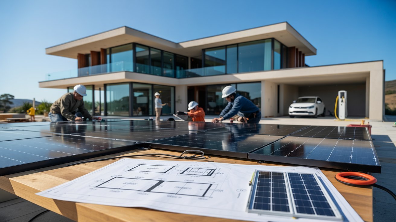 New home construction project featuring solar panel planning, electrical setup, and sustainable energy design integration from the beginning