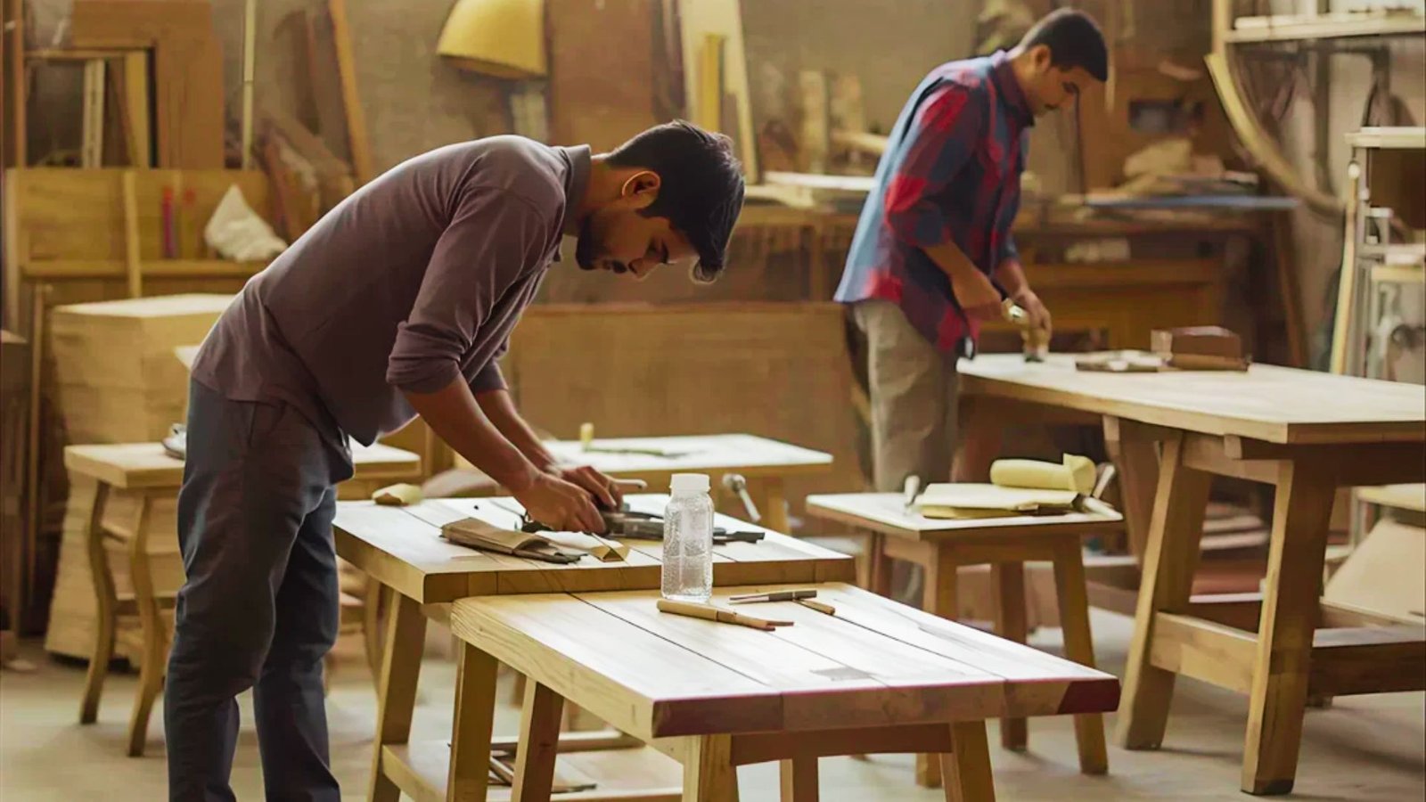 Sustainable furniture materials including certified wood, bamboo, recycled metal, and natural fabrics.
