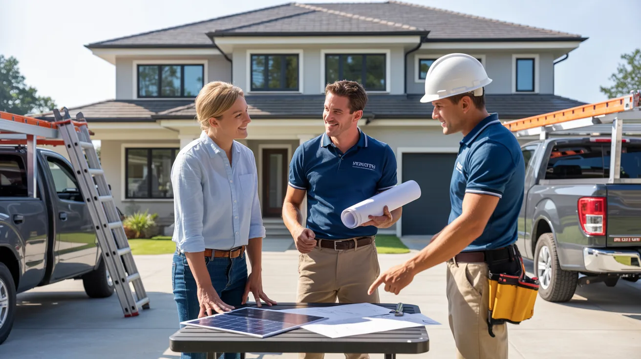 Homeowner discussing solar installation plans with certified contractors outside a modern residential home.