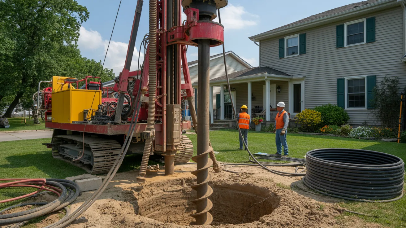 Vertical geothermal loop drilling setup beside a residential property