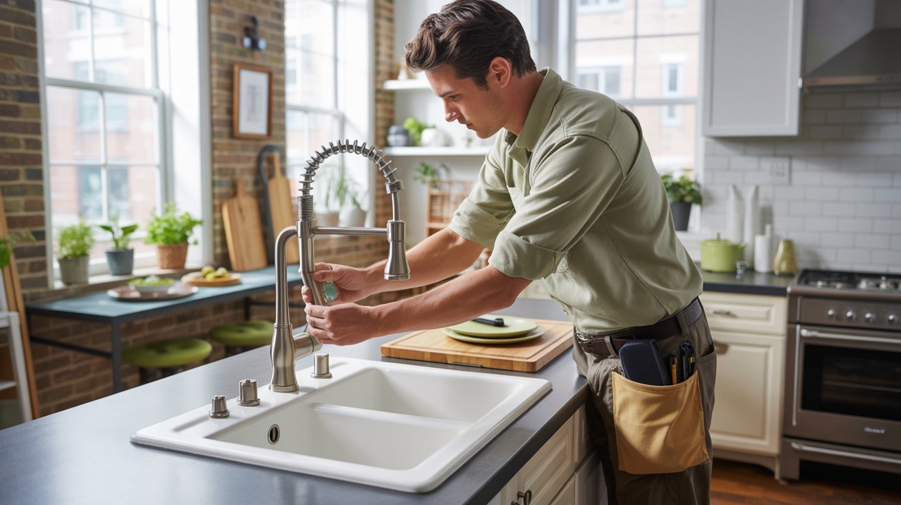 Eco friendly plumber installing a water-saving faucet in a modern Brooklyn home kitchen.