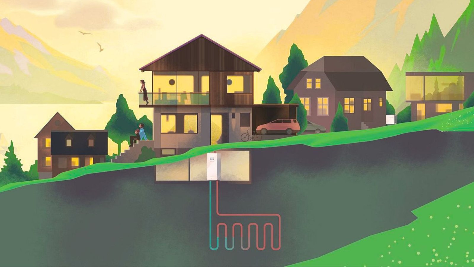  A house with a water heater located in the middle, highlighting its importance in the home's layout.