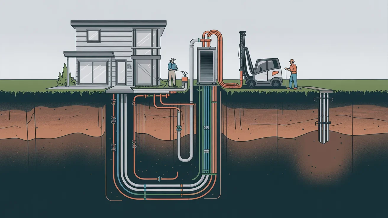Vertical geothermal loop system installation with deep ground drilling beside a residential home for heating and cooling.