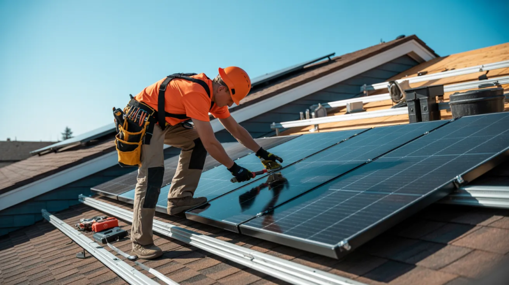 Technician removing solar panels from a residential rooftop during roof repair