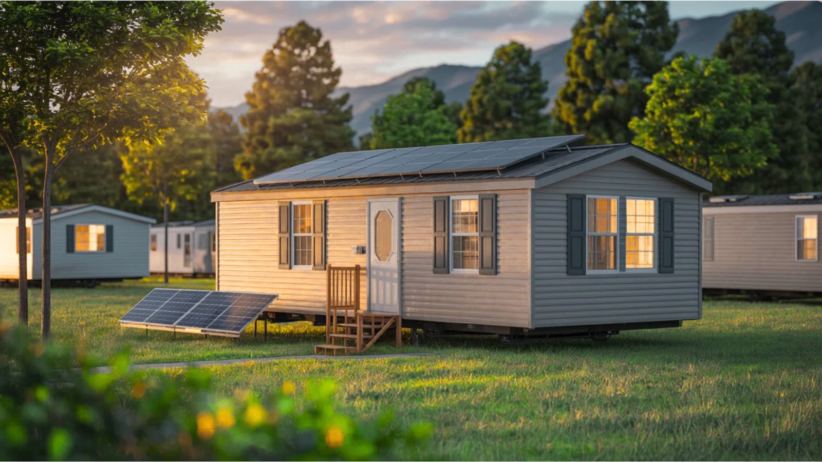 A row of mobile homes featuring solar panels installed on the roofs, highlighting eco-friendly living.