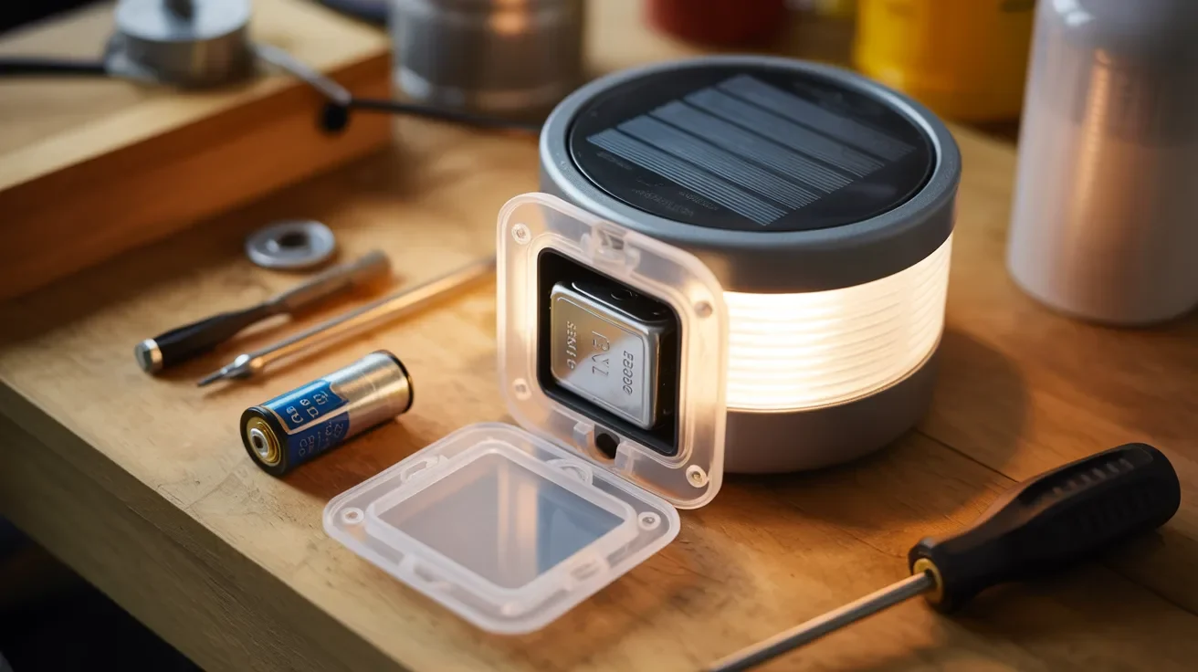 A solar-powered light on a table beside various tools, showcasing a blend of sustainability and practicality.
