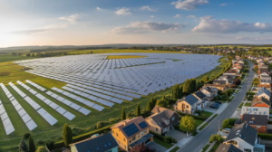 Community solar farm providing shared renewable energy to nearby homes