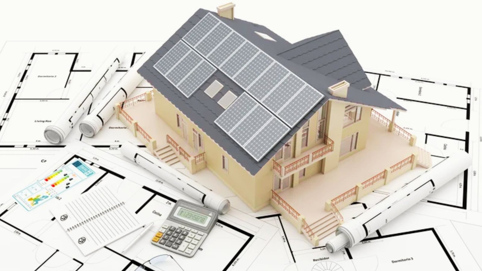  New home construction site with solar planning documents and rooftop layout discussions before building begins.
