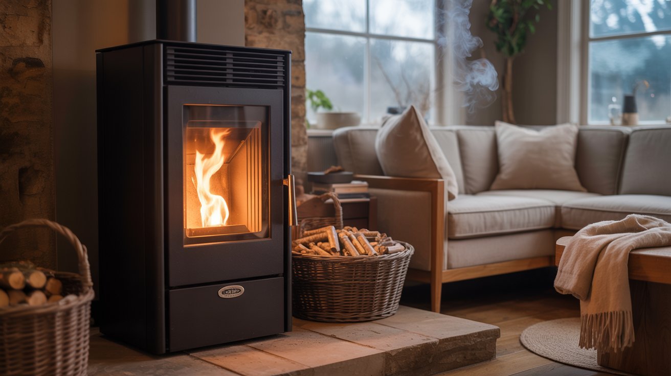 Modern biomass pellet stove heating a cozy eco-friendly living room in a UK home.
