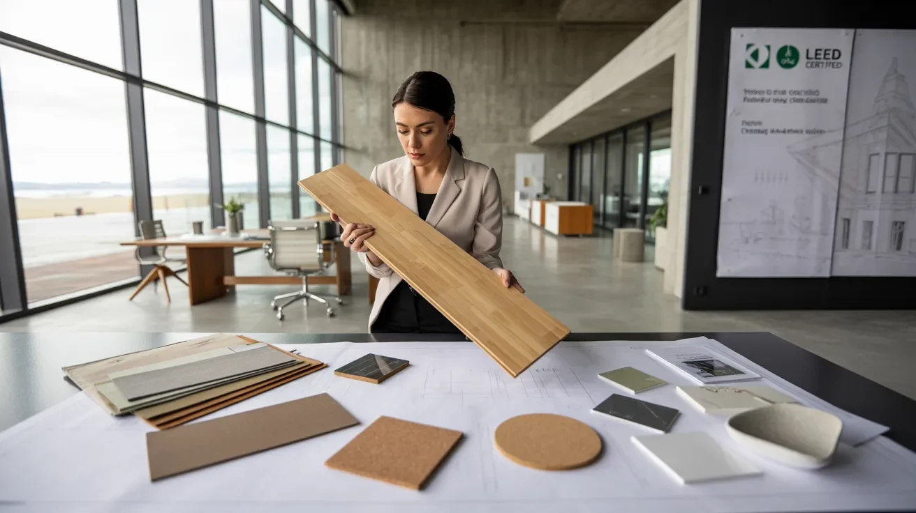 A woman stands by a table displaying various materials for a project or presentation.
