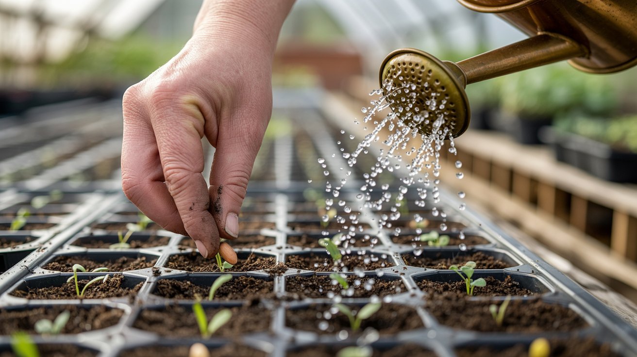 Gardener planting and watering seeds carefully in greenhouse trays.
