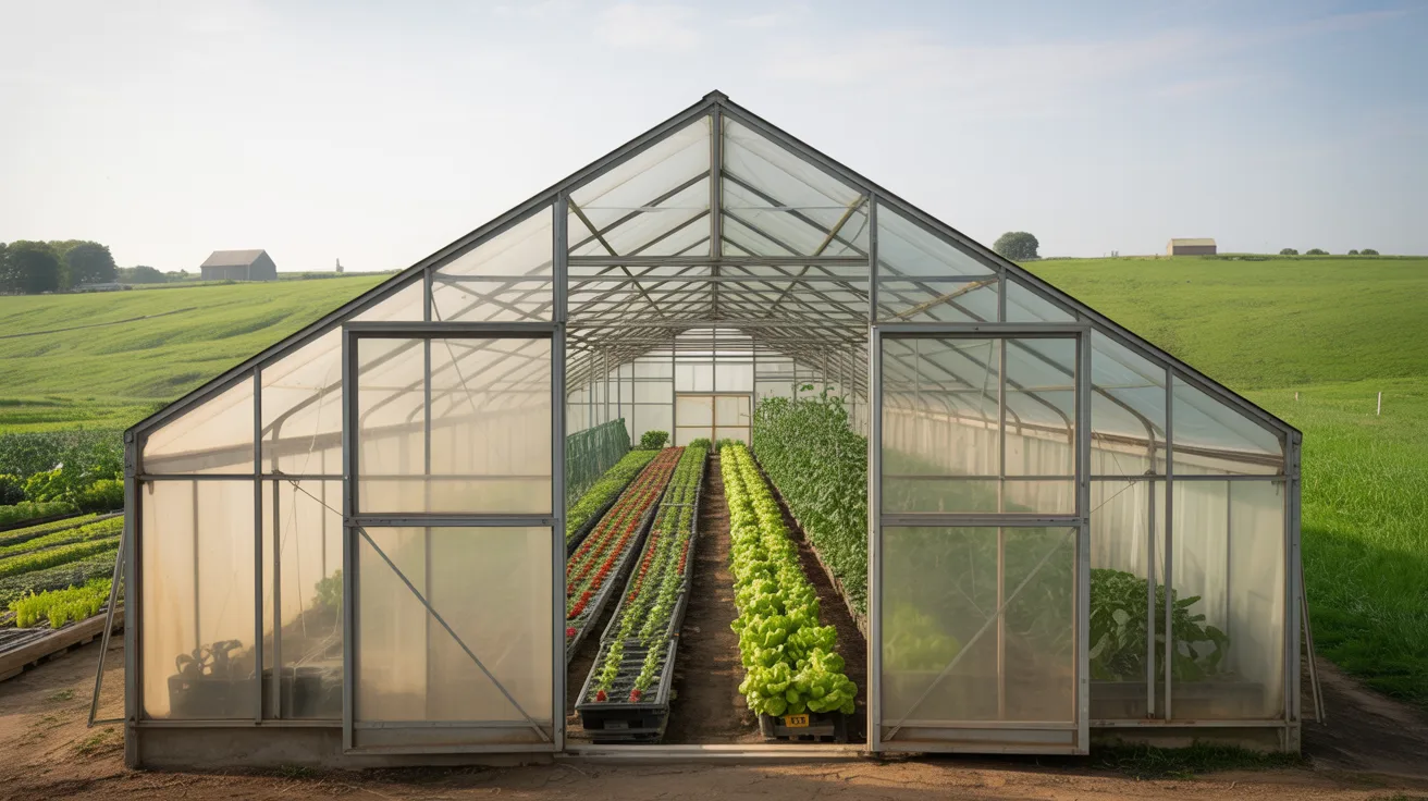 A greenhouse filled with a variety of thriving plants, showcasing lush greenery and vibrant foliage.
