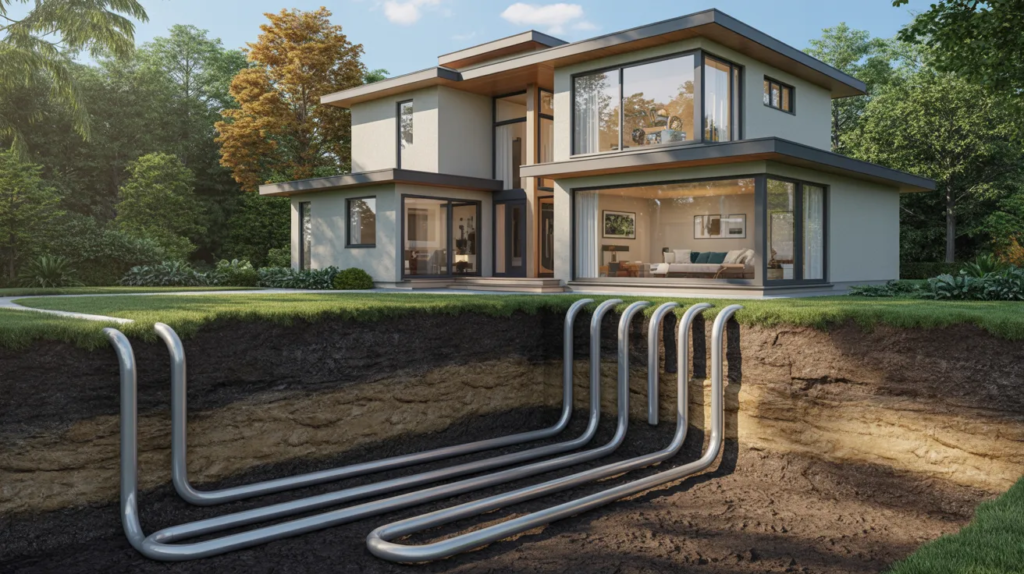 Modern home with underground geothermal heating installation system and energy-efficient heat pump