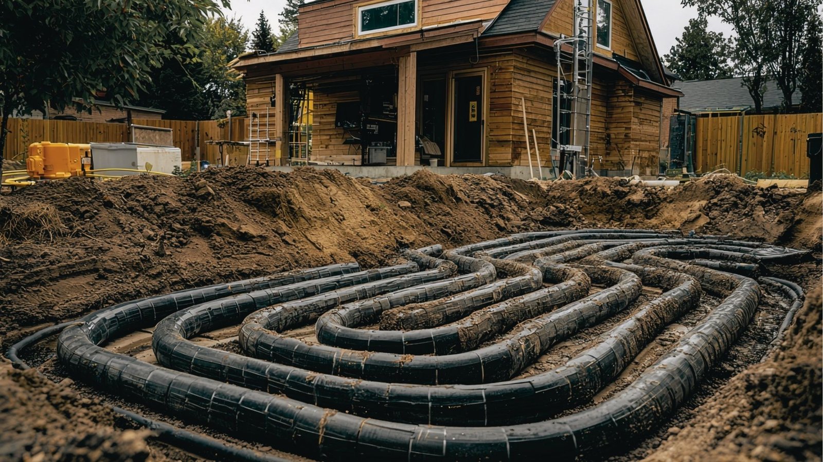 Black geothermal ground loop pipes laid in parallel rows within a large excavated trench beside a house under construction.