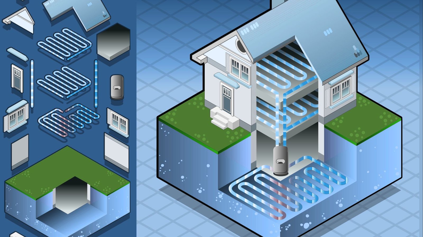 An image of a house featuring a heating system, alongside a diagram detailing the system's layout and operation.