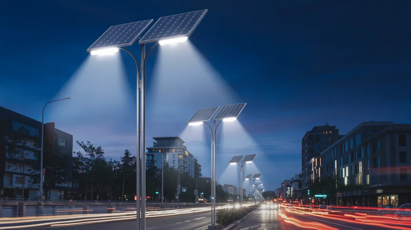 Solar street lights illuminate a city street at night, casting a warm glow on the surrounding buildings and sidewalks.