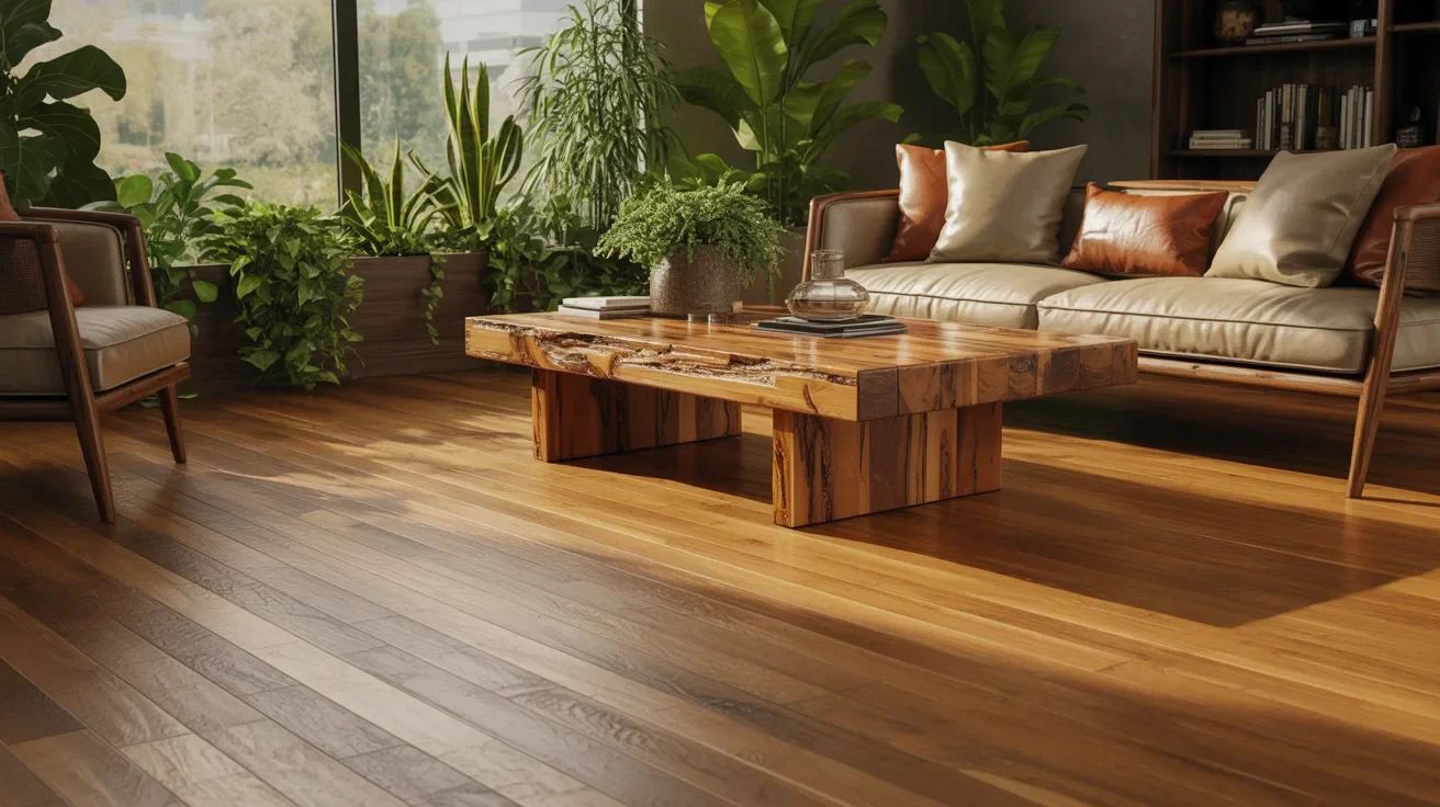 A cozy living room featuring wooden floors and matching wooden furniture, creating a warm and inviting atmosphere.