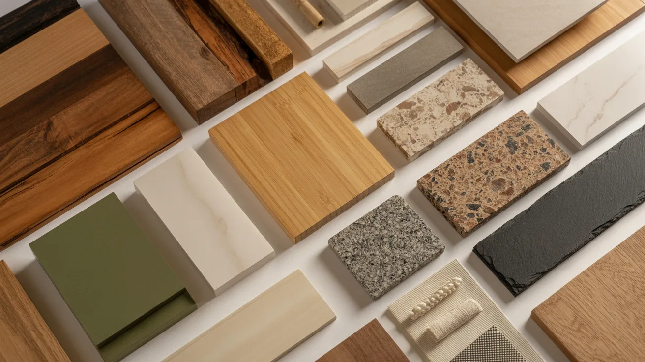 Various wood and stone samples displayed together, showcasing different textures and colors for material selection.
