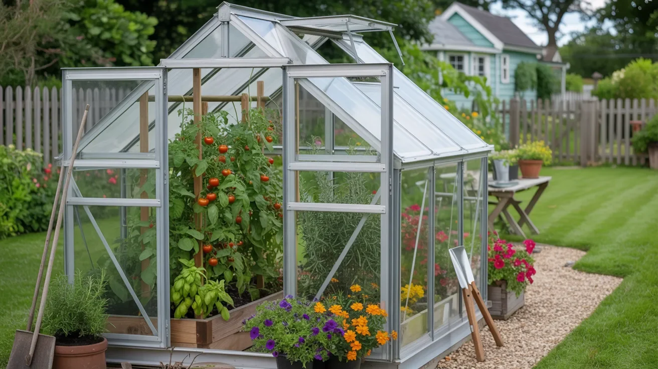 A greenhouse filled with various plants, showcasing vibrant greenery and natural light filtering through the glass.
