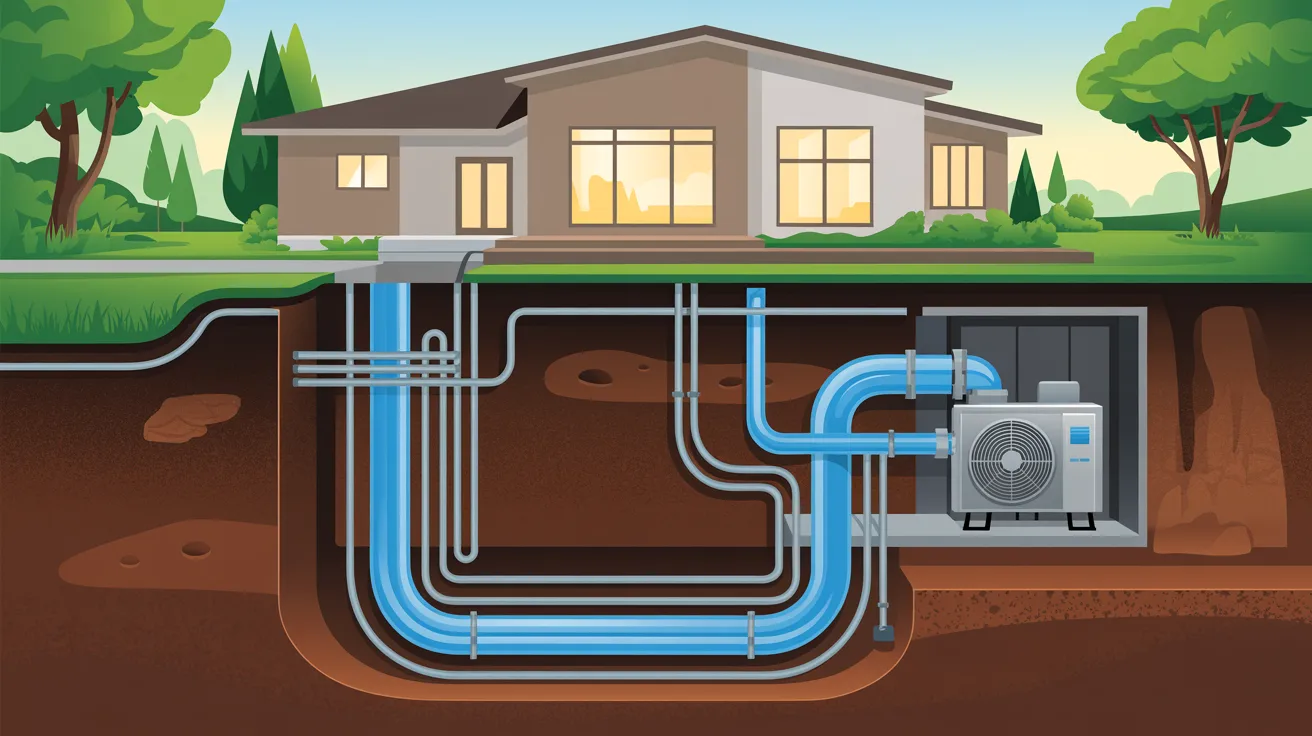 Cross-section of a home using a geothermal heating system with underground heat transfer loops