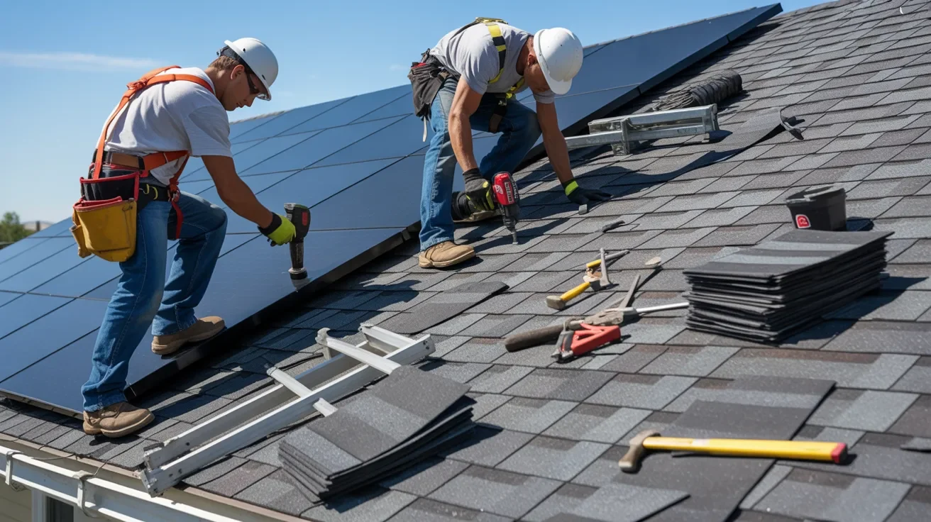 Roof repair work being completed after solar panel removal