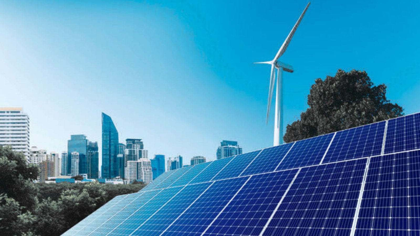 A cityscape featuring solar panels and wind turbines, symbolizing the growing trend of mobile home owners adopting solar energy. 
