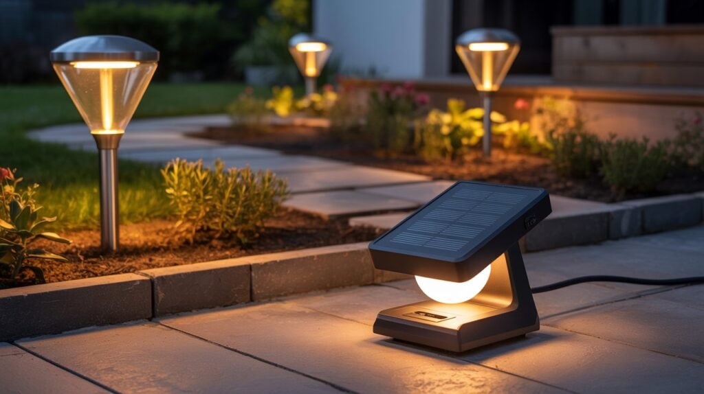Solar lights charging indoors under LED bulb and glowing at night in a backyard