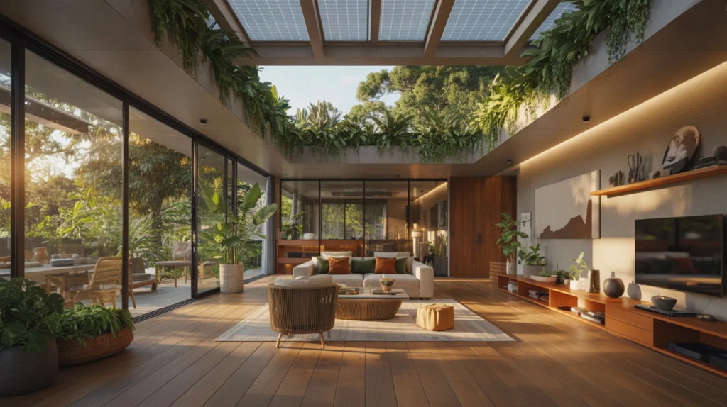 Modern living room featuring wooden floors and large windows, allowing ample natural light to illuminate the space.
