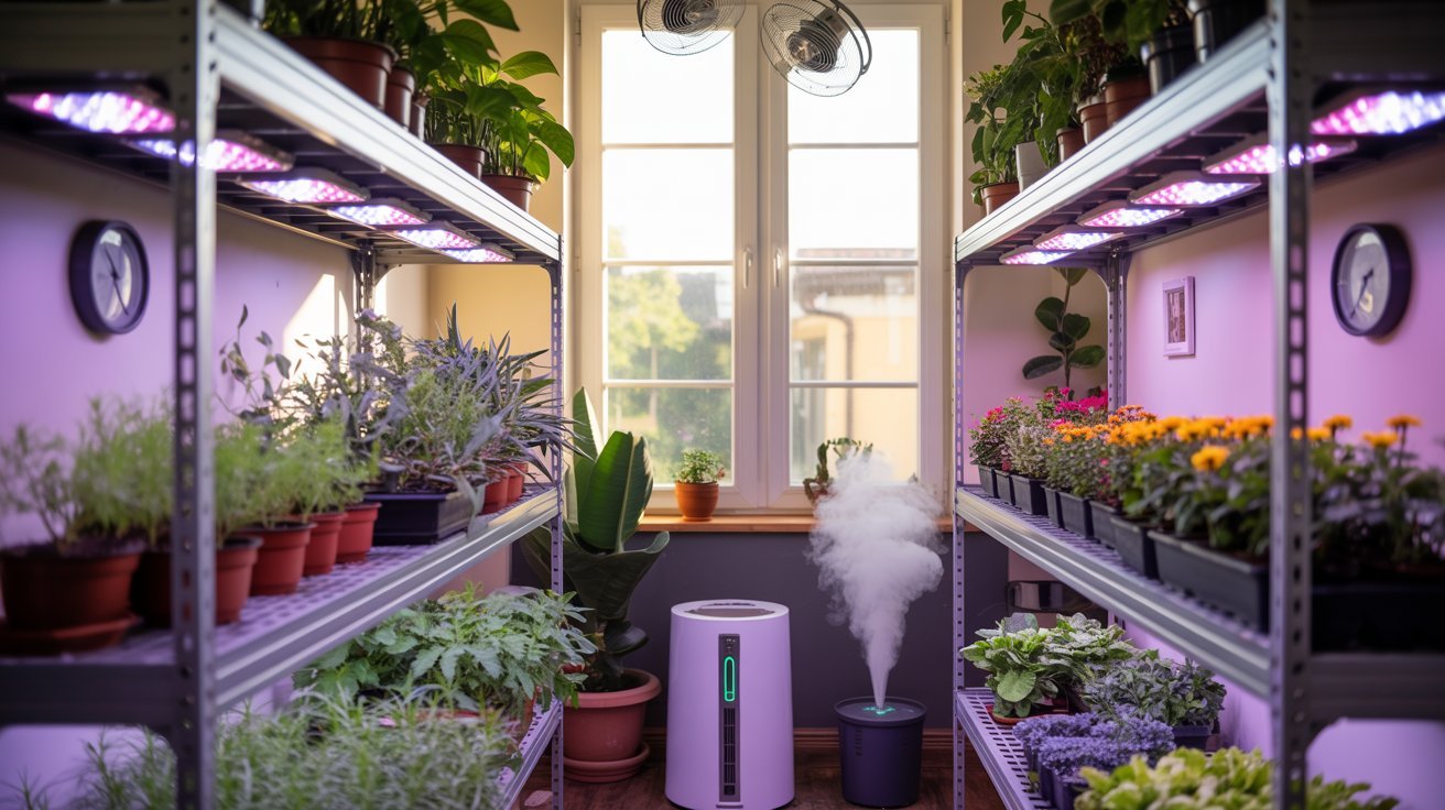 Indoor greenhouse room with shelves, grow lights, and healthy plants inside a home.