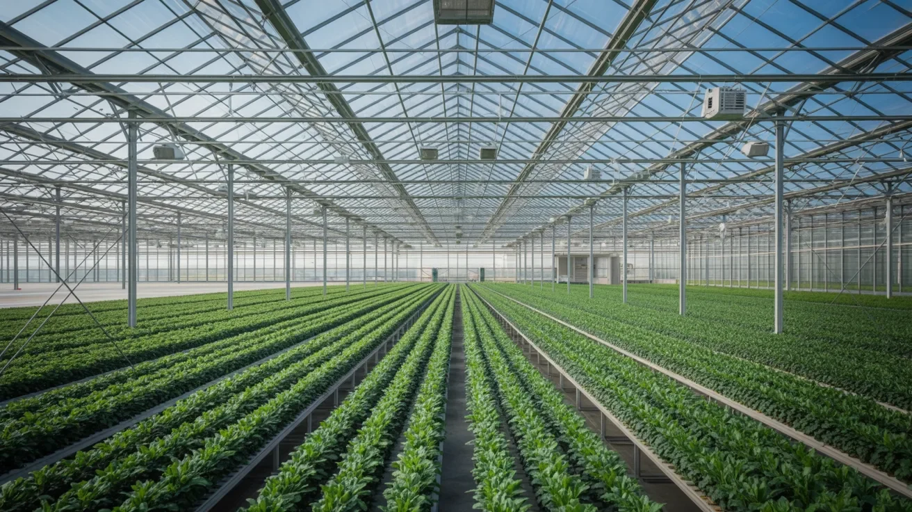 Greenhouses filled with rows of thriving plants under a large glass structure, showcasing a vibrant agricultural environment.
