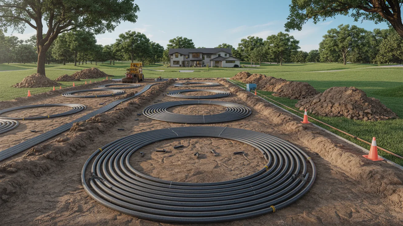 Horizontal geothermal ground loop installation in a large residential yard