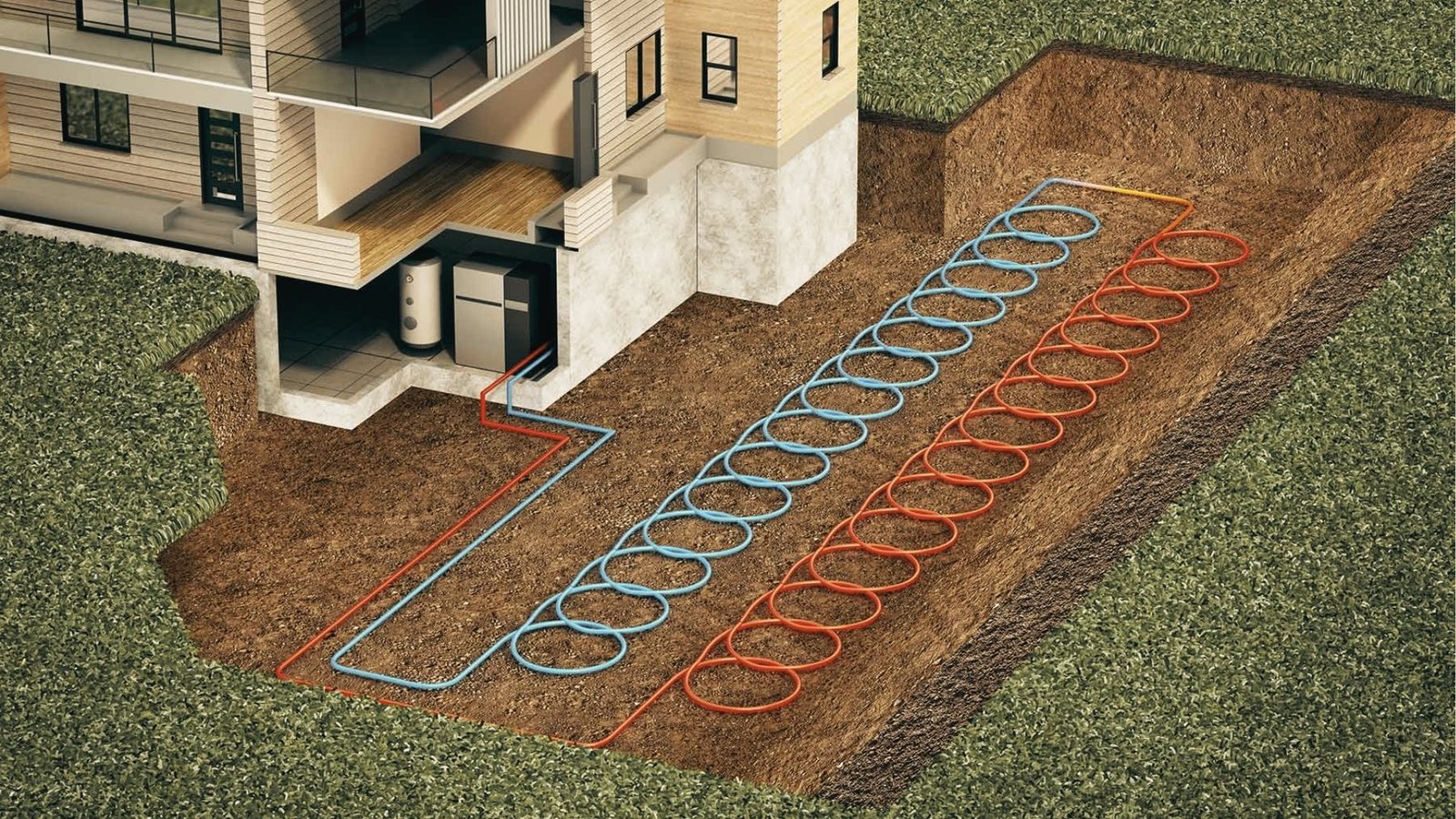 3D rendering of a multi-story home with a basement heat pump connected to two sets of coiled loops in an open trench.