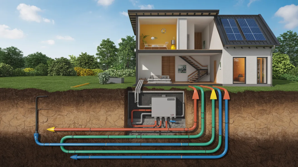 Modern home with a geothermal heat pump system and underground ground loop installation