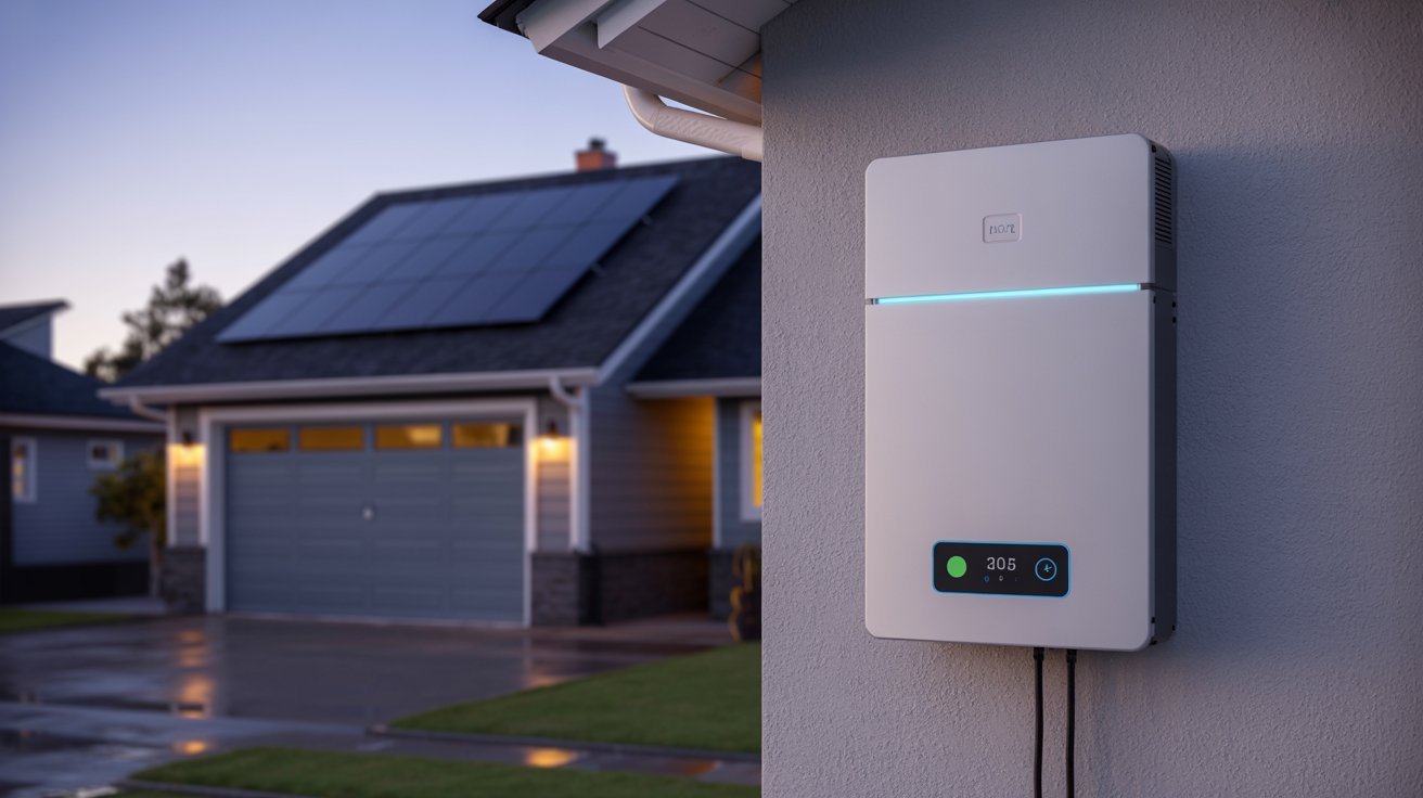 Home solar battery backup system connected to rooftop solar panels for energy storage and outage protection.