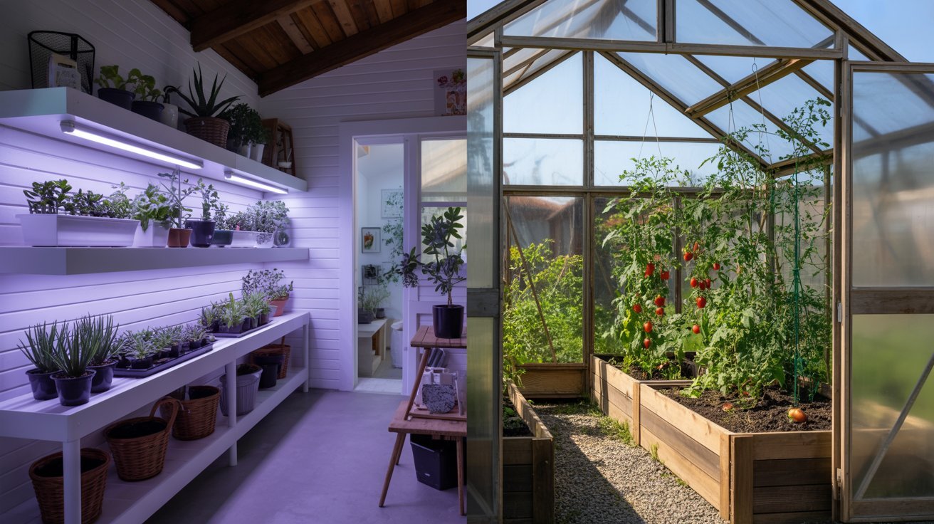 Comparison of an indoor greenhouse room and a traditional outdoor greenhouse.