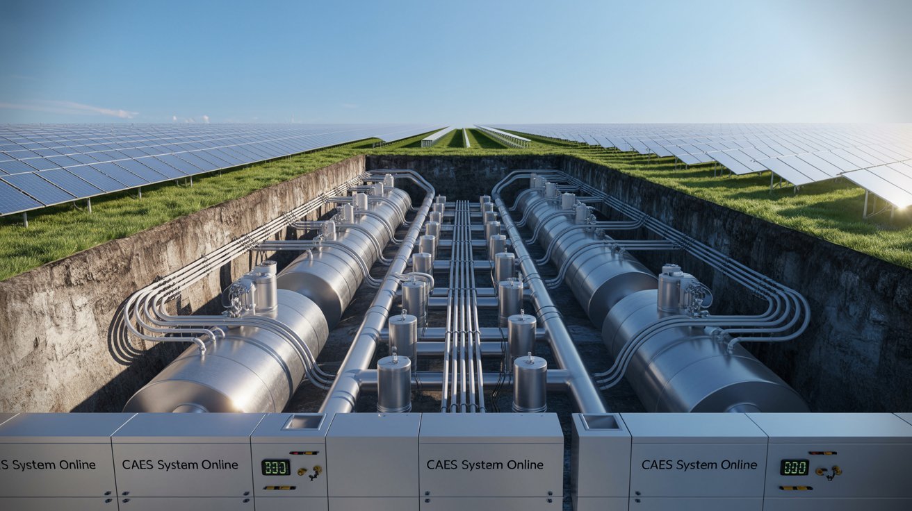 Compressed air energy storage system connected to solar energy